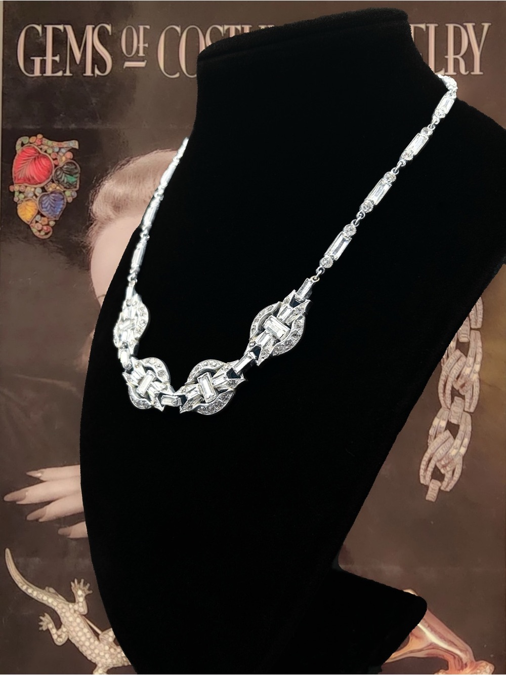 Vintage Art Deco Rhinestone Choker Necklace, Silver Tone Baguette & Chaton